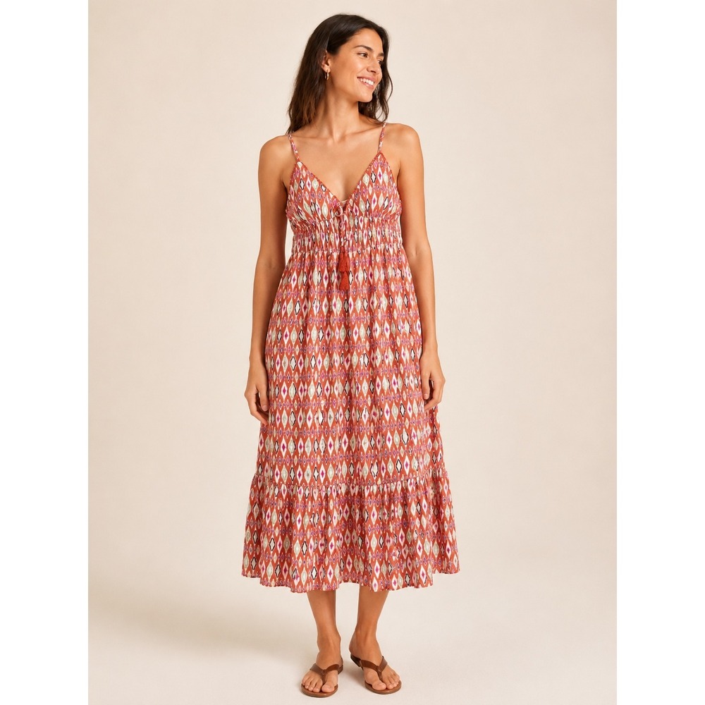 No Comment Womens Ikat Print Smocked Midi Dress Large Boho Tassel Orange